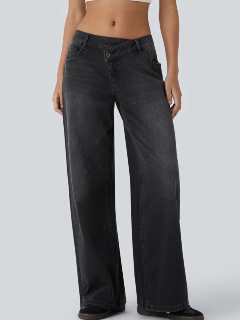 Halara Flex Asymmetric Low Rise Baggy Wide Leg Jeans Charcoal Black Stretch